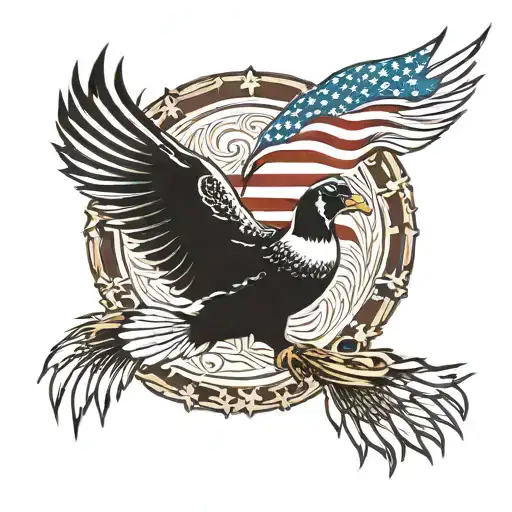 American flag, duck, pheasant tail feathers tattoo design idea