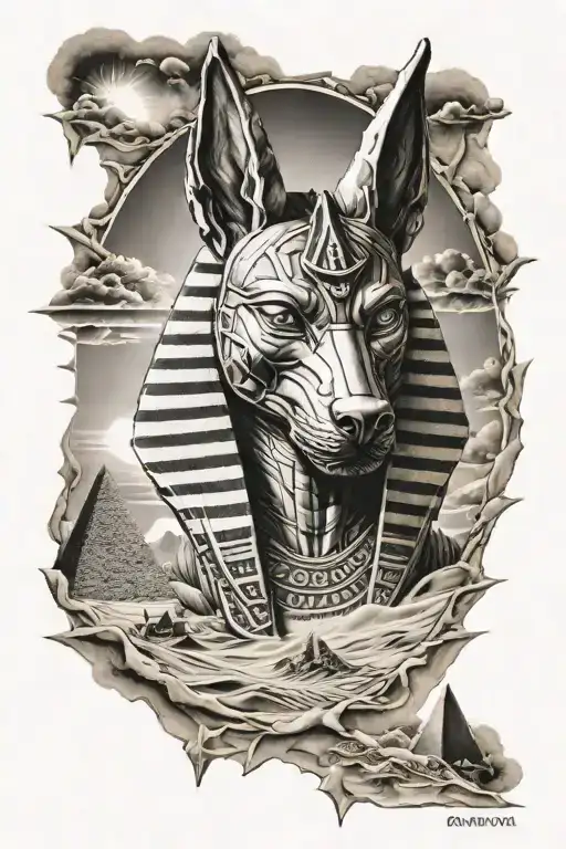 Anubis god with pyramids underneath sun setting and wind  blowing sand  tattoo design idea