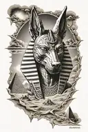 Anubis god with pyramids underneath sun setting and wind  blowing sand  tattoo design idea