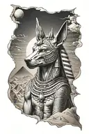 Anubis god with pyramids underneath sun setting and wind  blowing sand  tattoo design idea