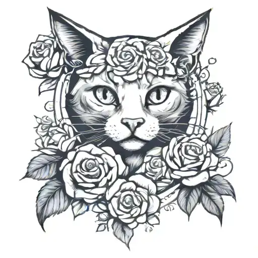Cat and roses anime tattoo design idea