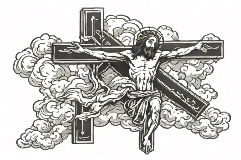 jesus on the cross with clouds a dove and a bible verse tattoo design idea