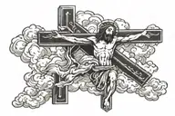 jesus on the cross with clouds a dove and a bible verse tattoo design idea