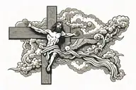 jesus on the cross with clouds a dove and a bible verse tattoo design idea