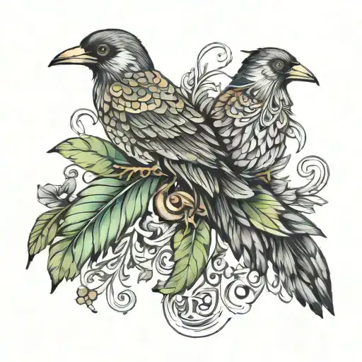 3 birds with the initials of M , S and K in each of them inside the feathers  tattoo design idea