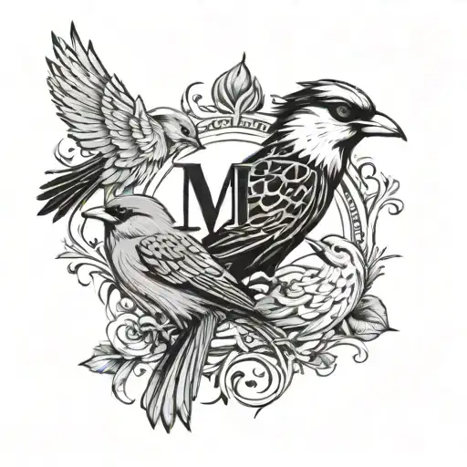 3  individual birds with the initials of M , S and K in each of them inside the feathers  tattoo design idea