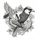 3  individual birds with the initials of M , S and K in each of them inside the feathers  tattoo design idea