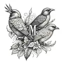 3  individual birds with the initials of M , S and K in each of them inside the feathers  tattoo design idea