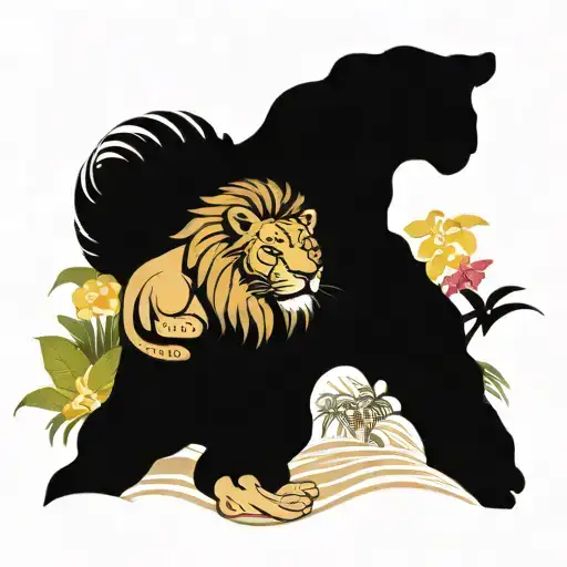 A lion resting under a palm tree on a sandy beach, with plumeria flowers scattered around tattoo design idea