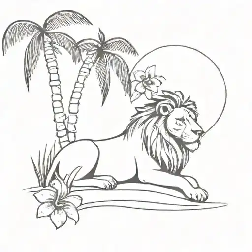 A lion resting under a palm tree on a sandy beach, with plumeria flowers scattered around tattoo design idea