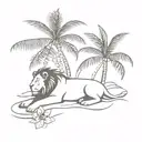 A lion resting under a palm tree on a sandy beach, with plumeria flowers scattered around tattoo design idea