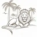 A lion resting under a palm tree on a sandy beach, with plumeria flowers scattered around tattoo design idea