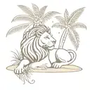 A lion resting under a palm tree on a sandy beach, with plumeria flowers scattered around tattoo design idea