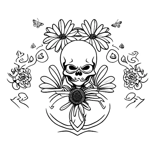 skeleton squatting holding a daisy, vines with thrones on skeleton and butterflies around it tattoo design idea