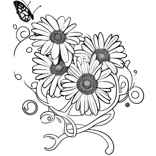 sleleton squatting and holding a daisy, vines with thornes wrapping around skeleton, butterflies flying around it tattoo design idea