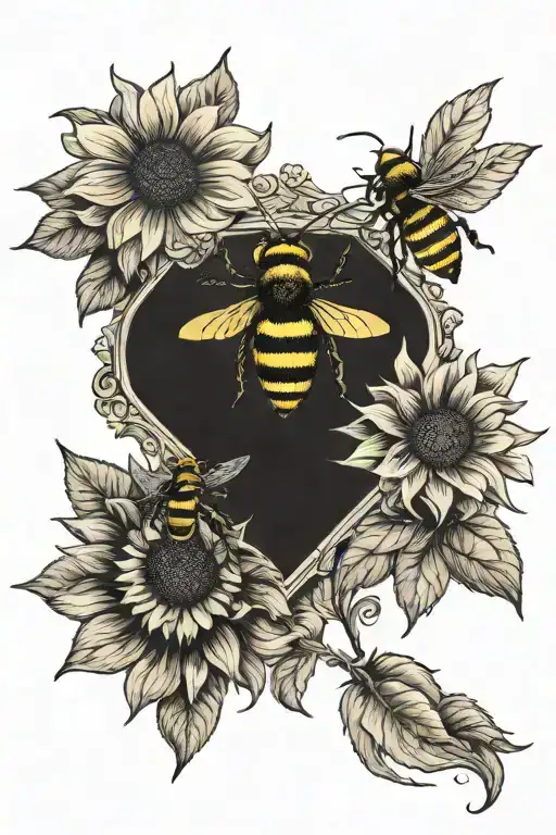 vintage bee logo on a book. sunflowers behind the book  tattoo design idea