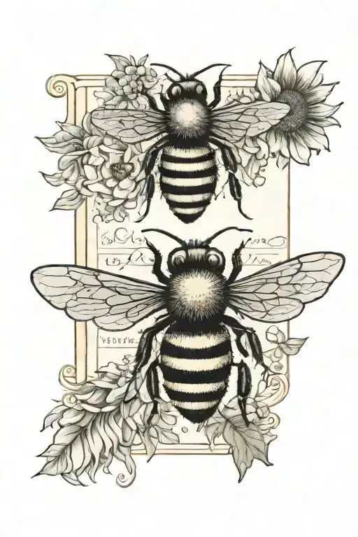 vintage bee logo on a book. sunflowers in background  tattoo design idea