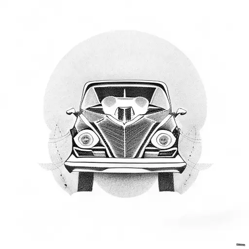 A blackwork tattoo of a lowrider car with musical notes flowing out of the windows tattoo design idea