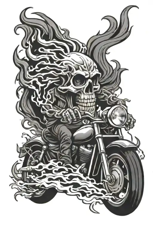 biker with a flaming skull on fire tattoo design idea