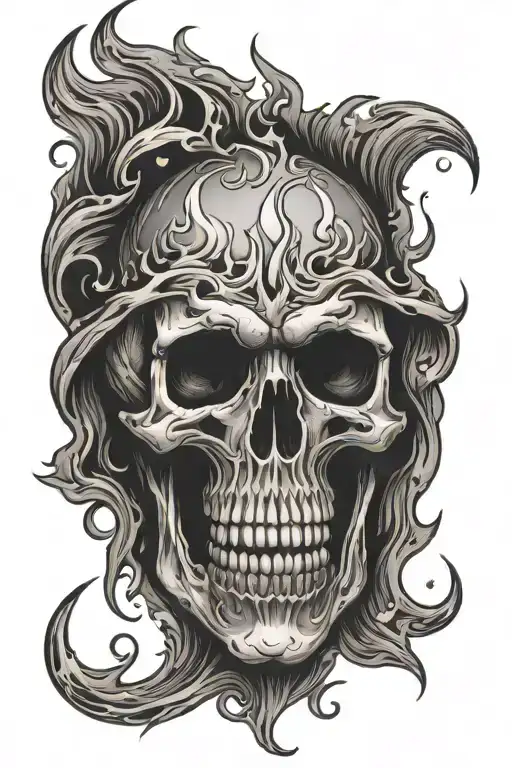 flaming skull on fire flames tattoo design idea