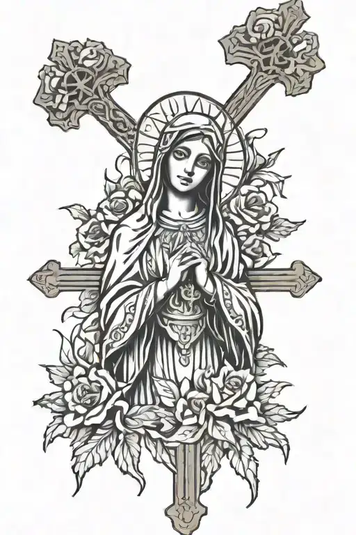 holy mary attractive, pray, cross, dead and life tattoo design idea