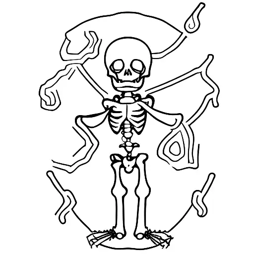 A minimalist silhouette of a skeleton dancing around a campfire tattoo design idea