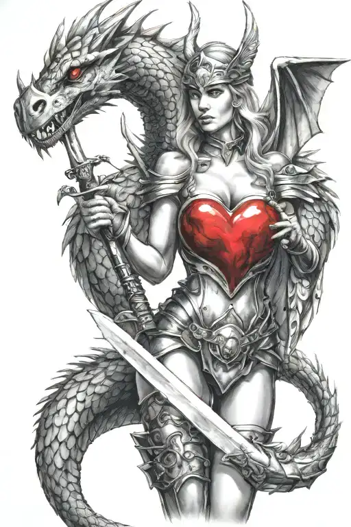 sexy Valkyrie holding a sword, holding heart, riding dragon tattoo design idea