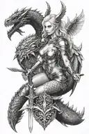 sexy Valkyrie holding a sword, holding heart, riding dragon tattoo design idea