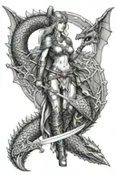 sexy Valkyrie holding a sword, holding heart, riding dragon tattoo design idea