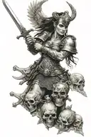 Valkyrie warrior holding a sword piercing a heart, standing on a skull tattoo design idea