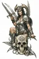 Valkyrie warrior holding a sword piercing a heart, standing on a skull tattoo design idea