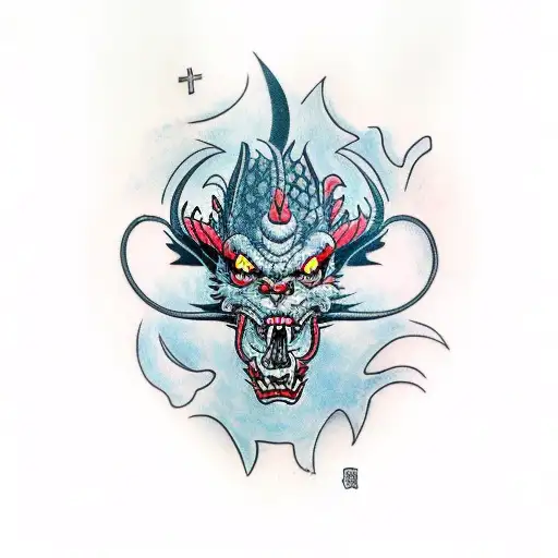 dragon wrapping around a broken oni mask  tattoo design idea