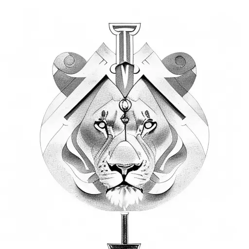 Holy Trinity, the father as a lion, lying down on a mountain, on the mountain a cross, in the air a dove tattoo design idea