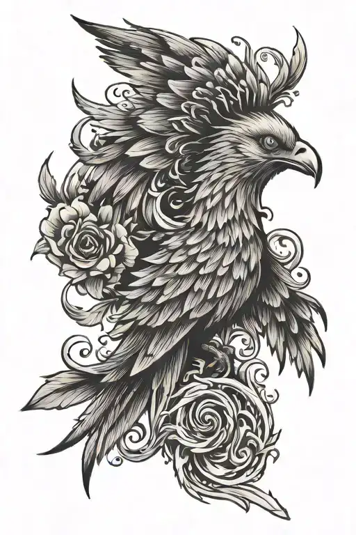 small neo traditional polysemic tattoo measuring 5 by 10 cm in black ink of a phoenix that subtly hides an image tattoo design idea