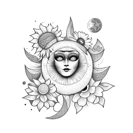 Flowers sun and the moon  tattoo design idea