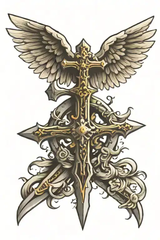 cross shaped sword with angel wings tattoo design idea