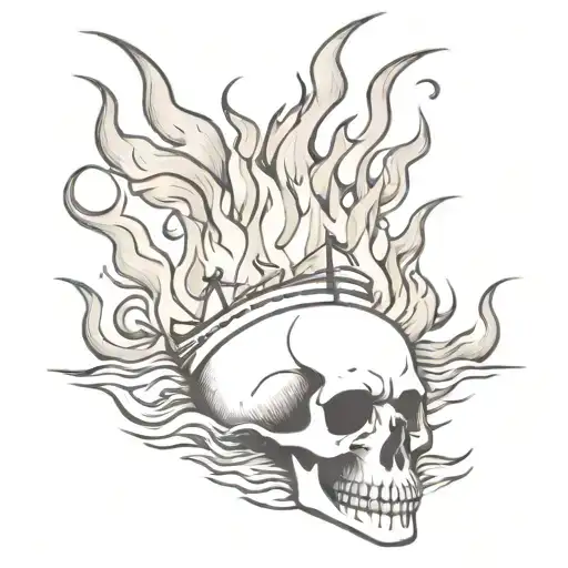 burning ship skull with flames tattoo design idea