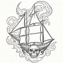 burning ship skull with flames tattoo design idea