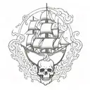 burning ship skull with flames tattoo design idea
