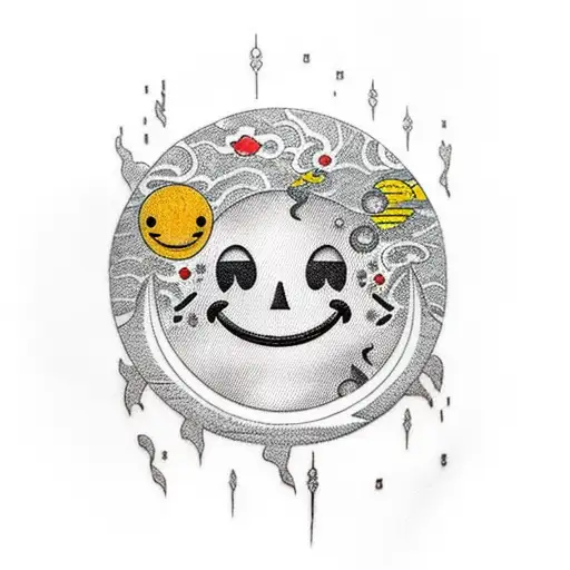 mimosa, smiley face, moon tattoo design idea