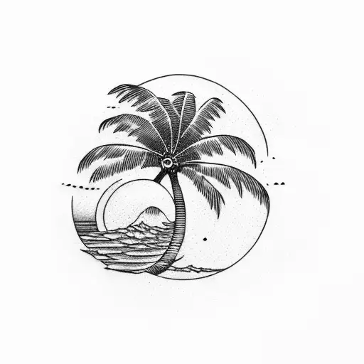 Palm tree with moon and wave  tattoo design idea