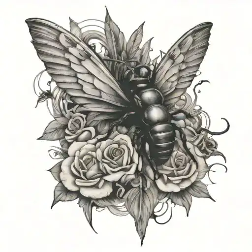 funeral pyre and winged insect tattoo design idea