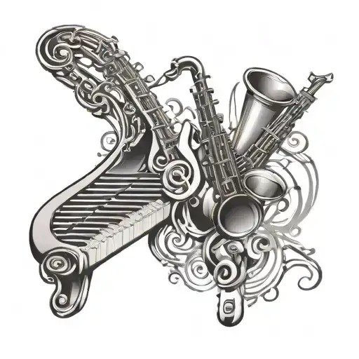 music notes with treble clef, saxophone, piano notes, and drum set tattoo design idea