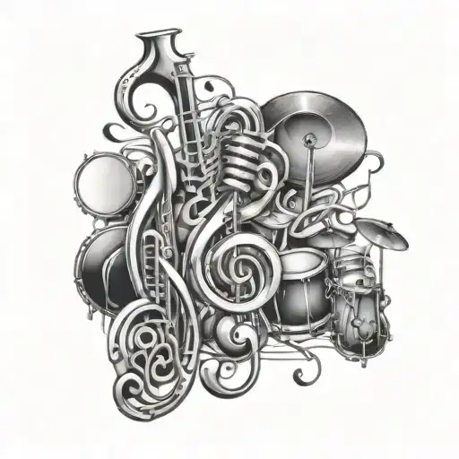 music notes intertwined with treble clef, saxophone, piano notes, and drum set tattoo design idea