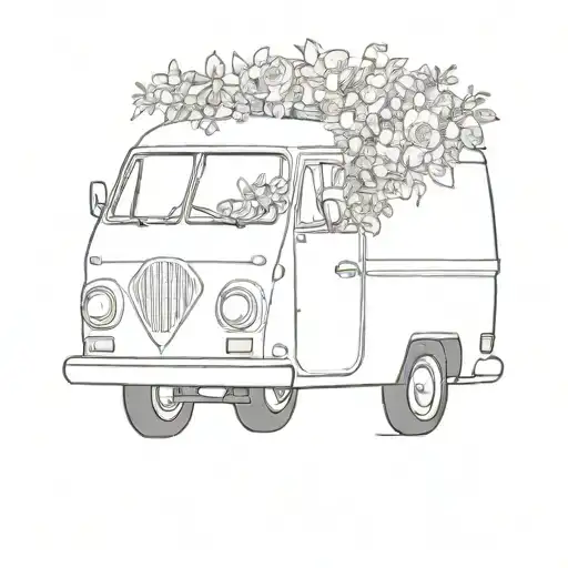 A whimsical illustration of a van transformed into a flower garden on wheels, capturing the essence of good vibes and creativity tattoo design idea