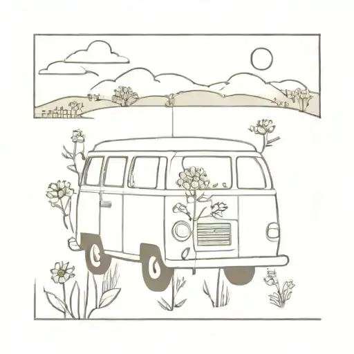 A serene field of blooming flowers with a vintage van driving through, symbolizing good vibes and freedom tattoo design idea
