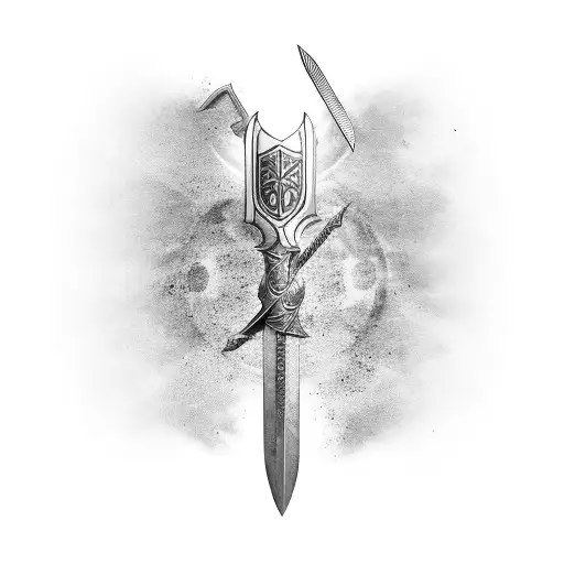 Templar sword eith a sandwatch in the background tattoo design idea