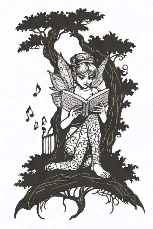 Tinkerbell reading a book under a music note tree tattoo design idea