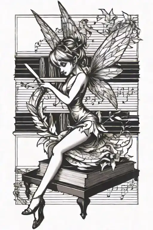 Tinkerbell dancing on a bookshelf filled with music sheets tattoo design idea