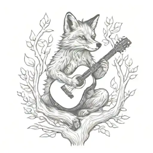 A fox playing a guitar in a tree tattoo design idea